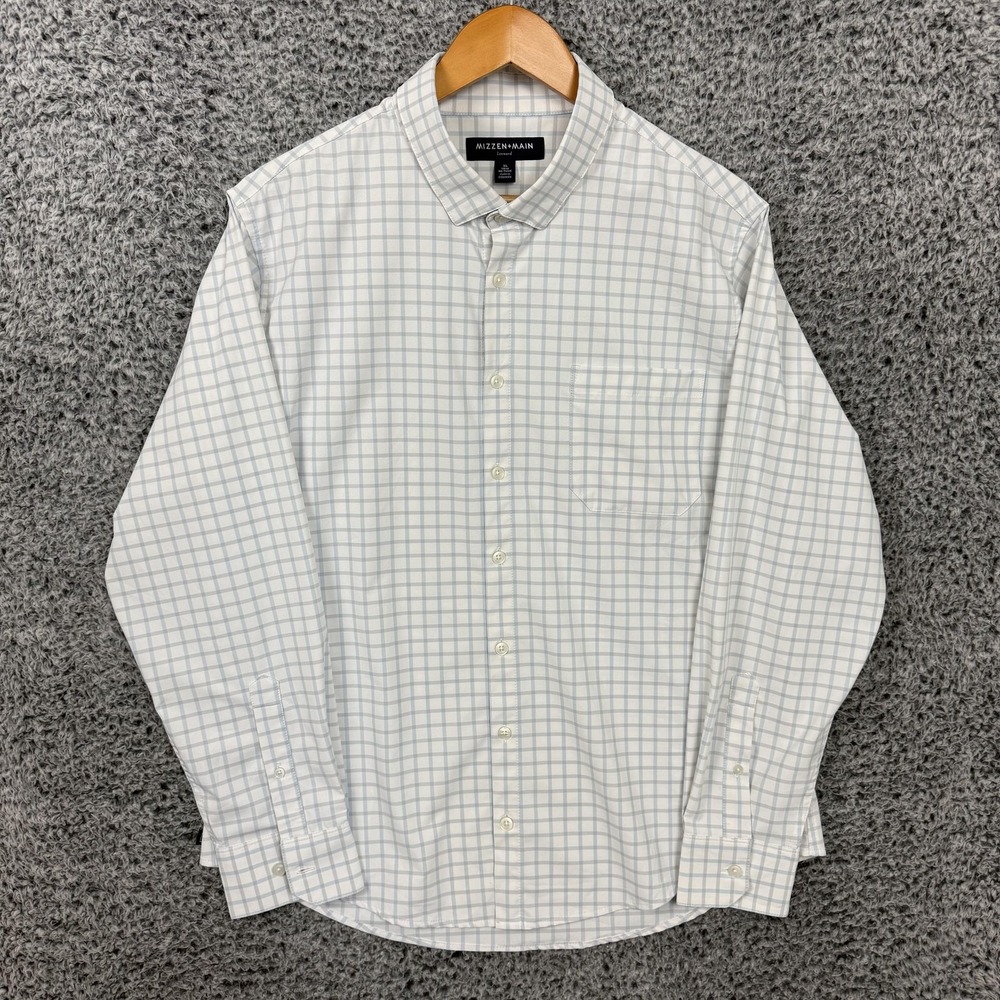 Mizzen+Main Shirt Mens XL White Blue Check Dress Leeward Trim No Tuck Stretch
